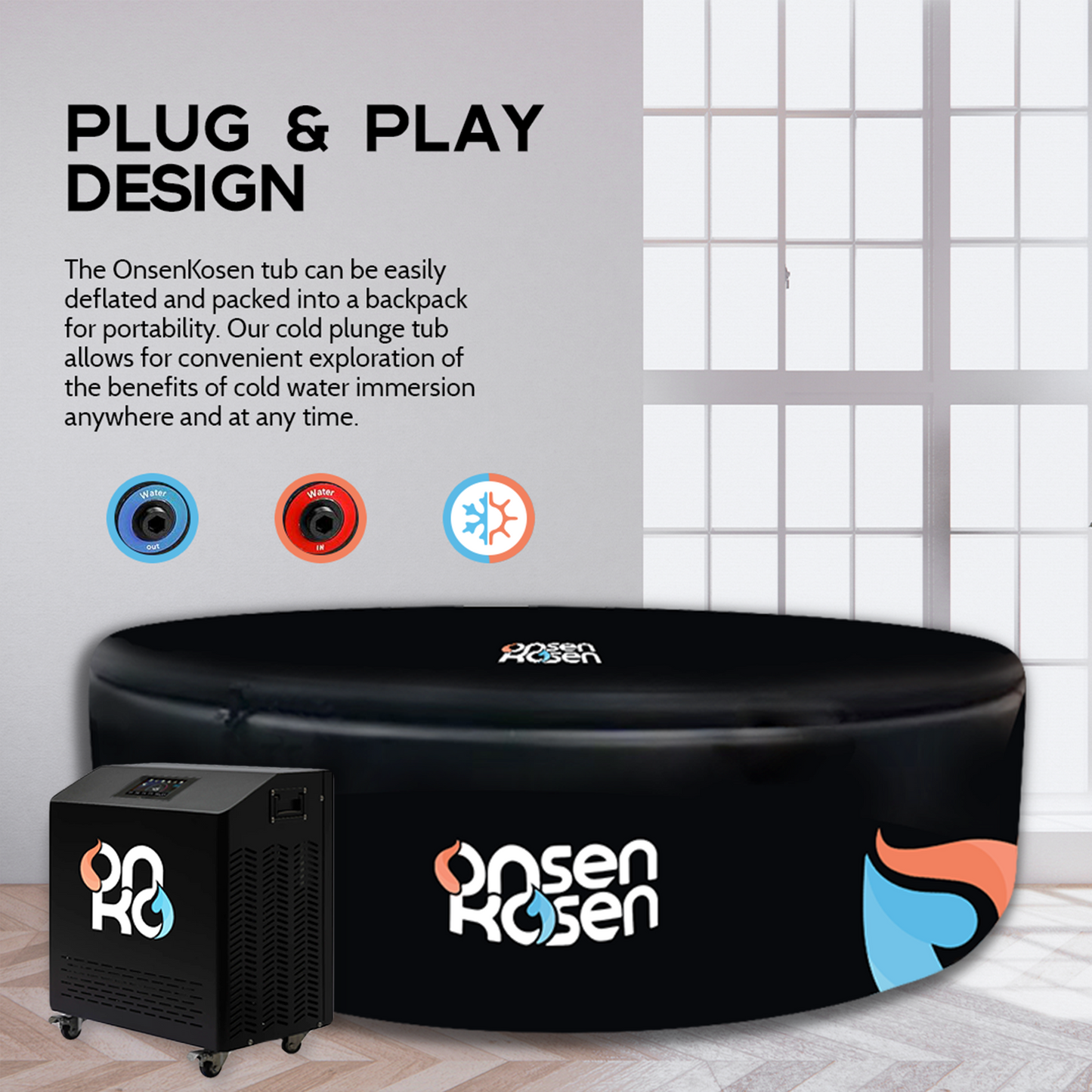 OnsenKosen Yunokawa 8 to 12 Person Group Therapy Tub with Pro 2HP Dual Chiller/Heater