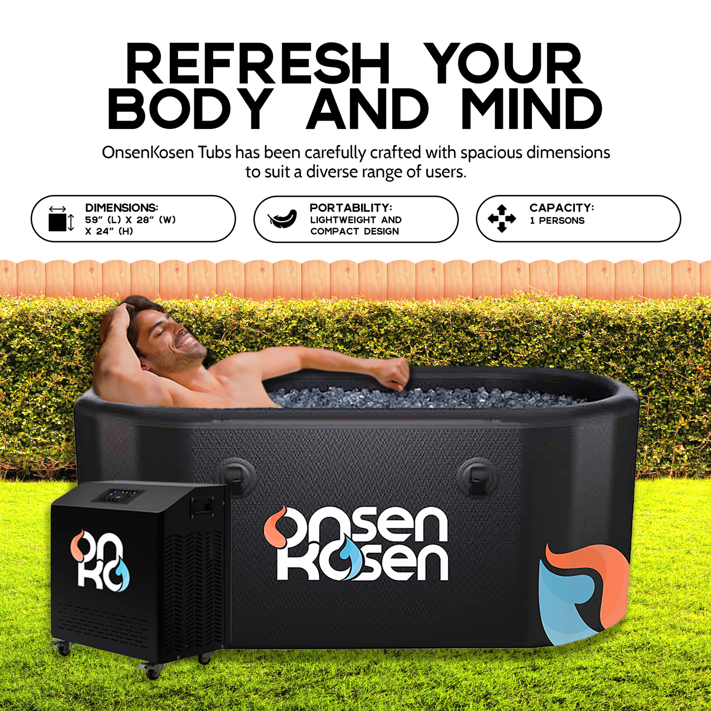 OnsenKosen Dogo Mini 1 Person Therapy Tub with Pro 2HP Dual Chiller/Heater