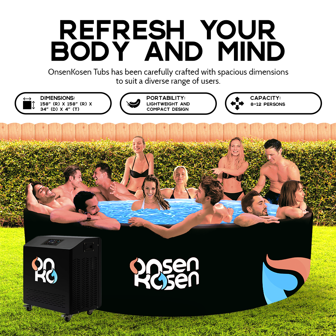 OnsenKosen Yunokawa 8 to 12 Person Group Therapy Tub with Pro 2HP Dual Chiller/Heater