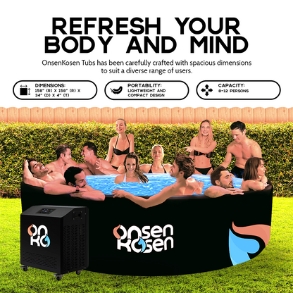 OnsenKosen Yunokawa 8 to 12 Person Group Therapy Tub with Pro 2HP Dual Chiller/Heater